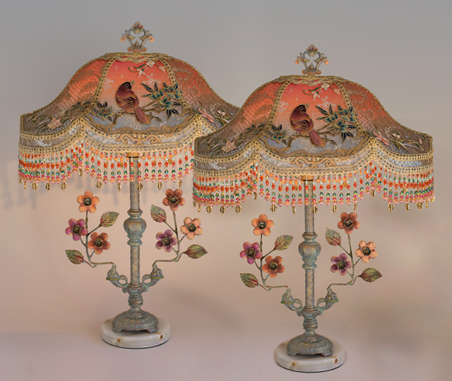 Pair of Victorian Lampshades with Chinoiserie Textiles and Birds