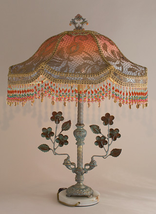 Back of Victorian Lampshades with Chinoiserie Textiles and Birds