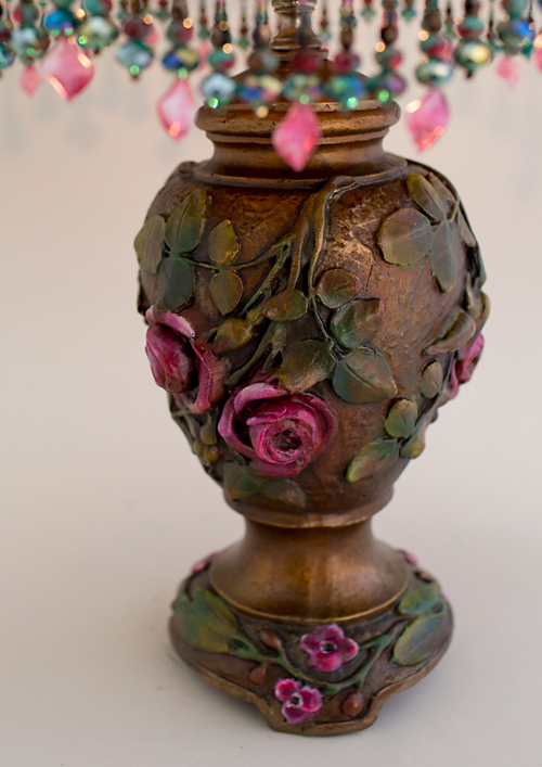 Nightshades Victorian Lampshade with pink roses, beads and antique textiles base detail