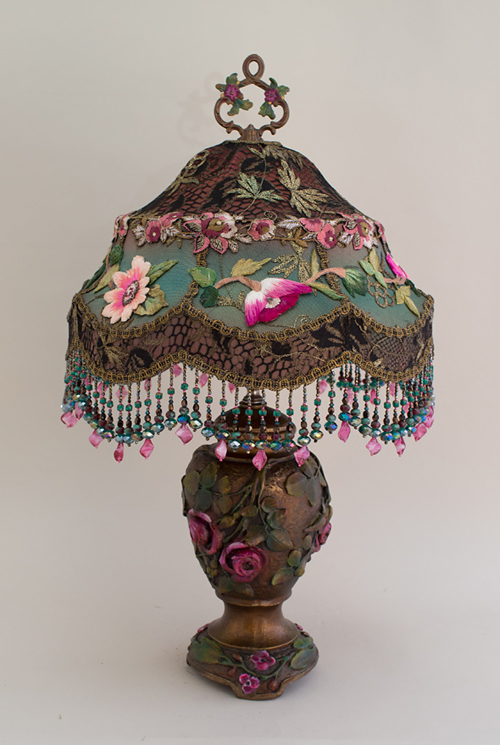 Nightshades Victorian Lampshade with pink roses, beads and antique textiles