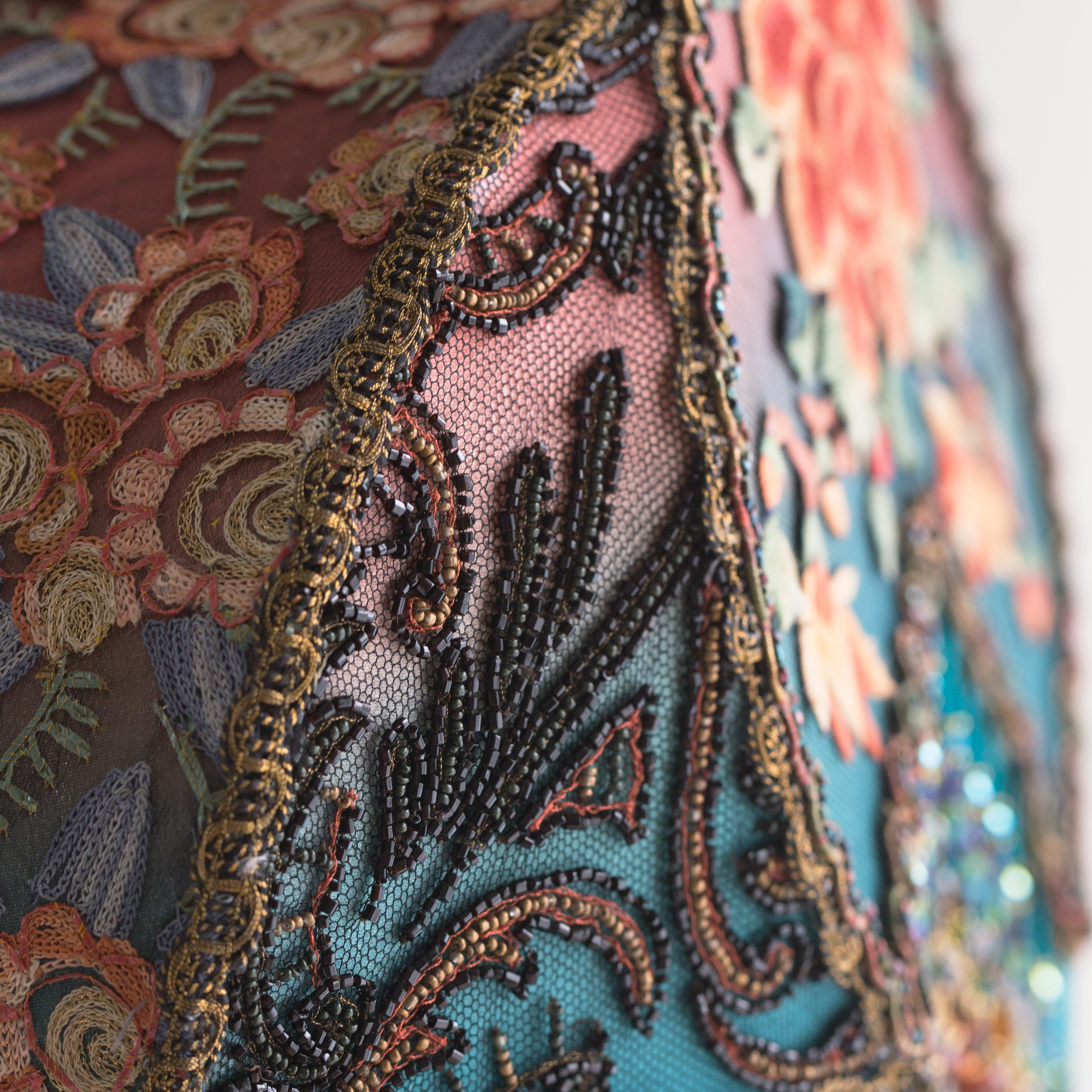 Detail of Chinoiserie Victorian Lampshade with Dragons and Antique Textiles