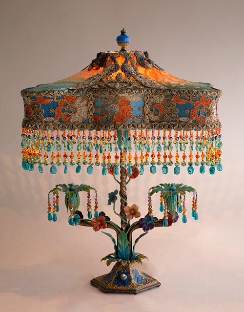 Double Peacock Flower Lamp with antique fabrics