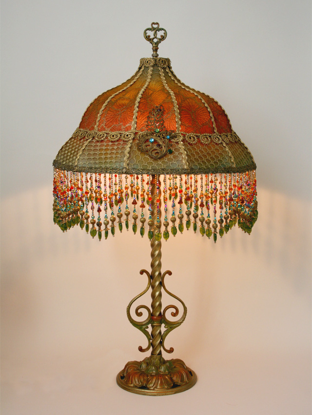 Pair of Antique Tablle Lamps with Custom Beaded Shades