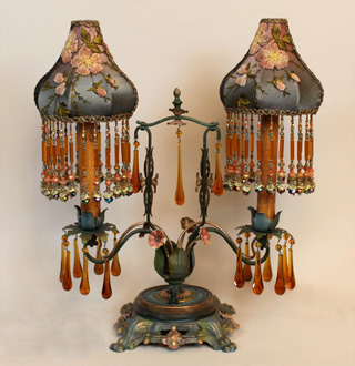 Tole Candelabra Bases with Victorian Lampshades