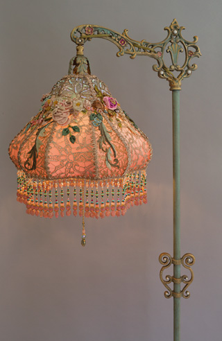 Victorian Lampshade with antique silk ribbon work flowers
