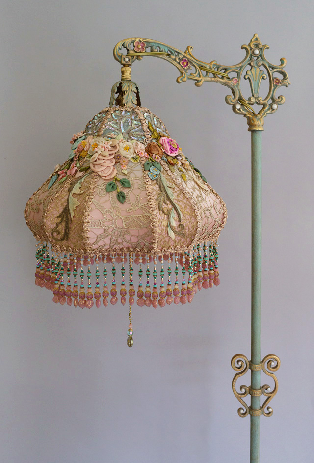 Victorian Lampshade with antique silk ribbon work flowers
