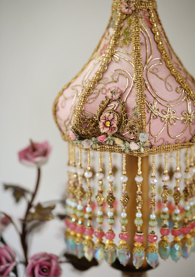 Detail of French Porcelain Rose Lamp with Victorian Lampshades and Ribbon Flowers