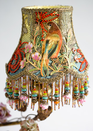 Victorian Lampshade with Birds and Porcelain Flowers