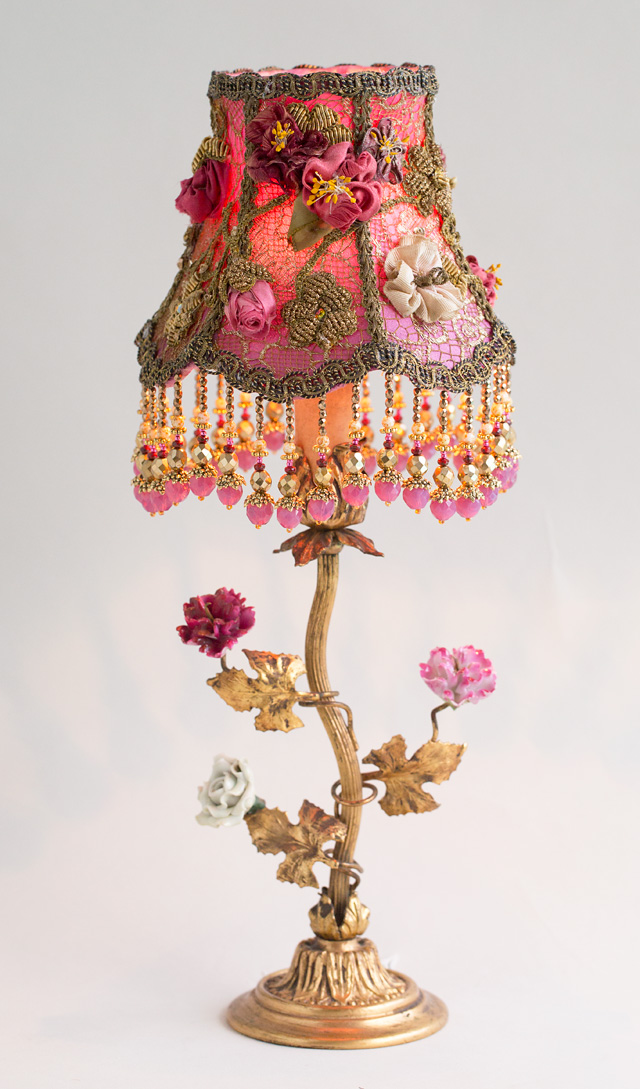 victorian lampshade with antique silk ribbon roses