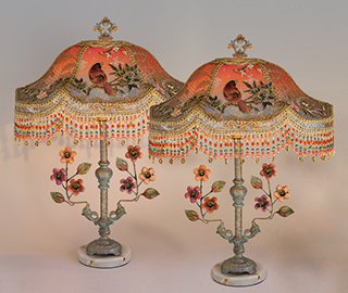 Pair of Victorian Lampshades with Chinoiserie Textiles and Birds