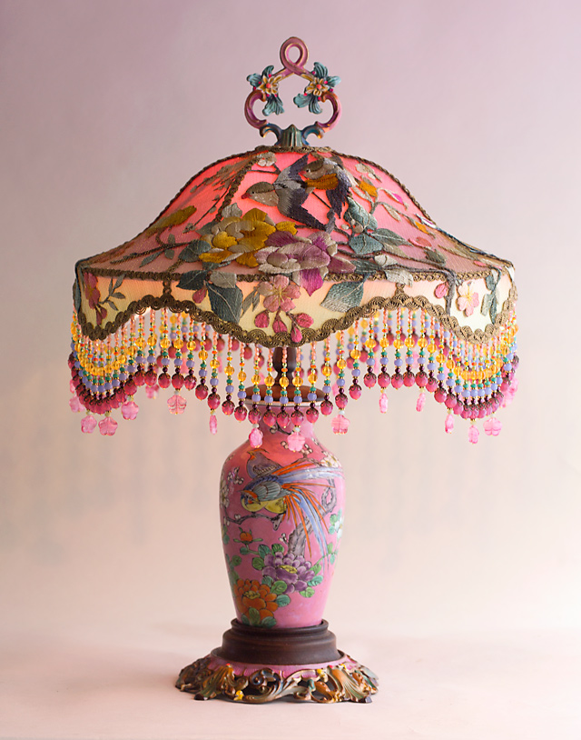 Pink Chinoiserie Embroidered Victorian Table Lamp with Beads by Nightshades