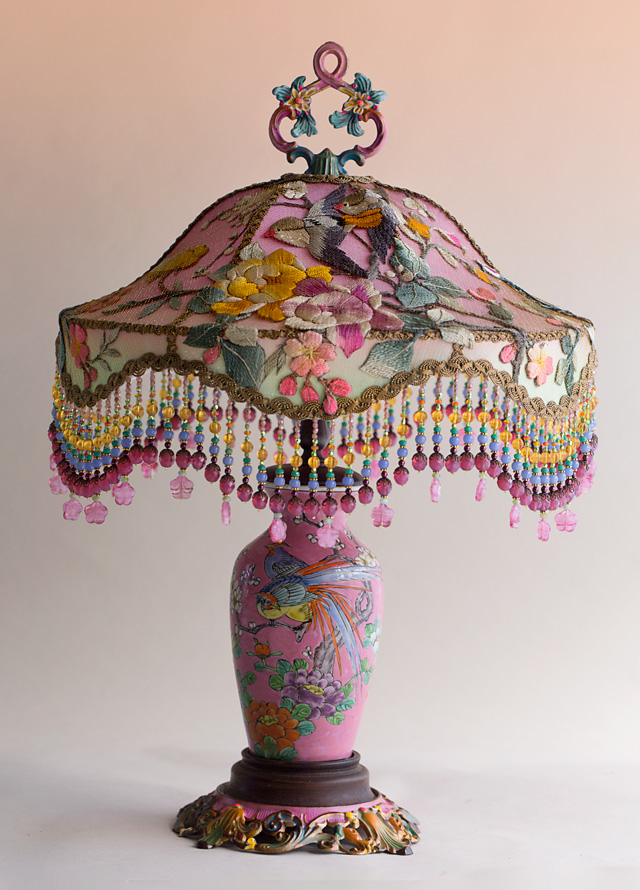 Pink Chinoiserie Embroidered Victorian Table Lamp with Beads by Nightshades