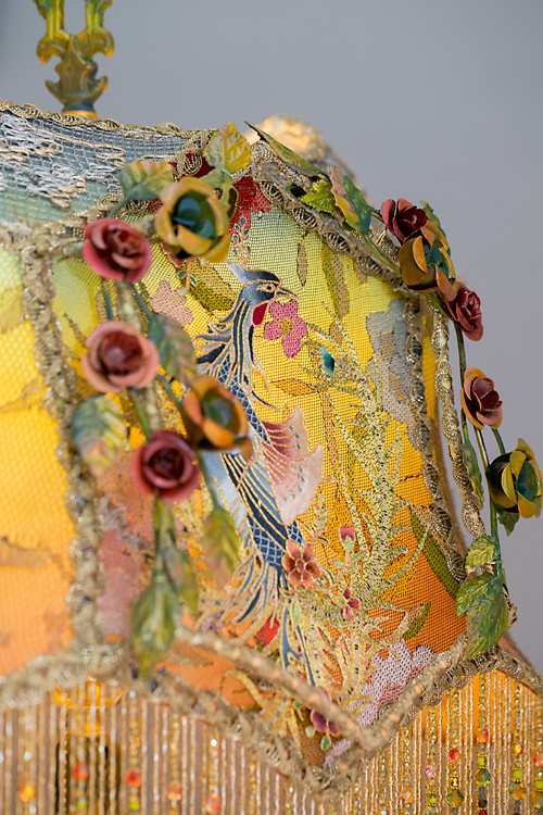 Victorian Lampshade Phoenix and Roses Shadowbox Asian Folktale Lamp Detail