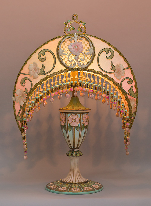 Antique Art Nouveau Victorian Lamp Shade Crescent Moon Beaded Fringe Hand  Sewn