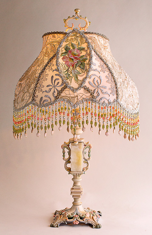 Edwardian Wild Rose Beaded Table Lamp and Victorian Lampshade