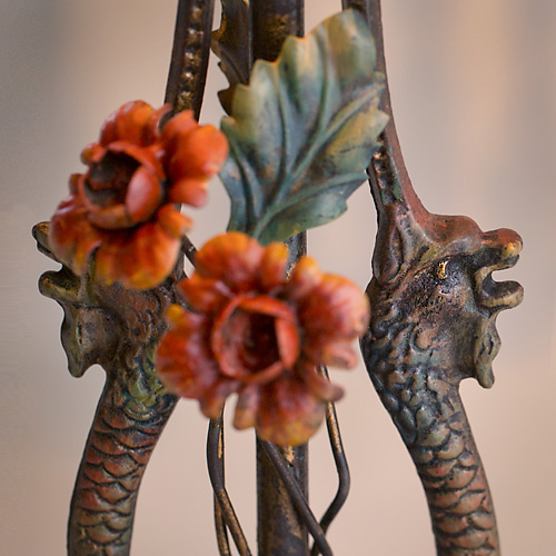 Detail of Chinoiserie Victorian Lampshade with Dragons and Antique Textiles