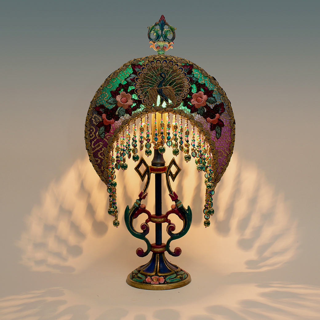 Antique 1920s petite Art Deco metal table lamp with beaded shade