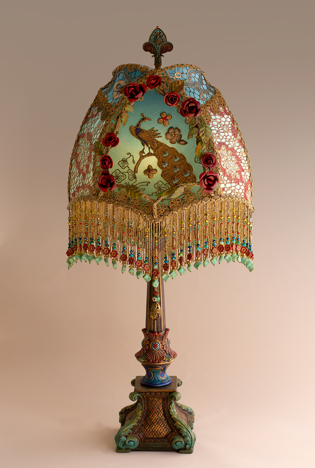 Red Roses and Peacock Victorian Lampshade