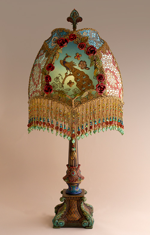 Red Roses and Peacock Victorian Lampshade