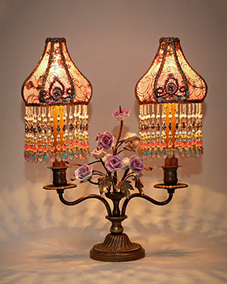French Porcelain Rose Lamp with Victorian Lampshades and Ribbon Flowers