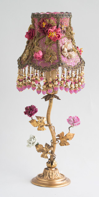 French boudoir lamp with antique silk ribbon roses
